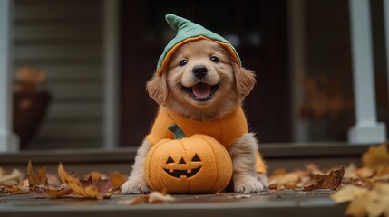 A cute golden retriever puppy dressed in a pumpkin costume for Halloween, sitting on a porch with autumn leaves.