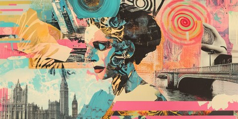 Obraz premium Abstract collage of cityscapes and a woman's face.