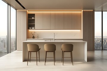 Beige Kitchen Island with Stools and Trendy Cabinets, Big City Window