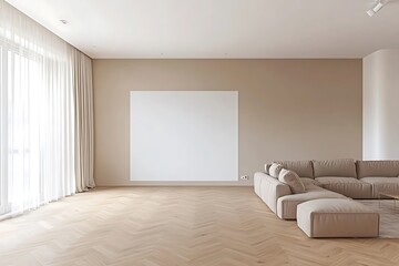 Beige Minimalist Living Room with Herringbone Floor and Empty Wall