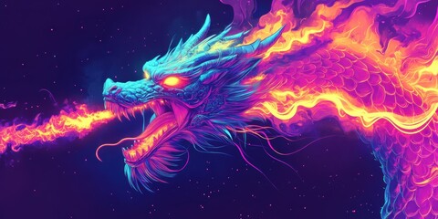 Fototapeta premium Neon dragon breathing fire against starry night.