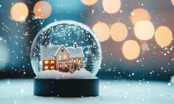 Enchanting snowglobe scene featuring a cozy winter cottage surrounded by a snowy landscape with twinkling lights and a serene magical atmosphere 