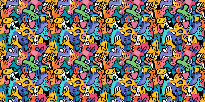 Doodle graffiti pattern with spontaneous, street-art-inspired designs. Background seamless pattern.