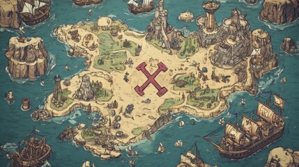 Naklejka premium Cartoon-style map of a treasure island with X marks the spot and pirate ships.
