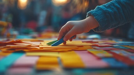 Obraz premium A child's hand holds a pair of blue scissors, cutting a yellow sheet of paper, surrounded by colorful paper.