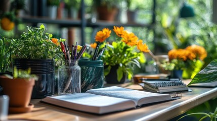 Fototapeta premium An open book, pens, and potted plants on a wooden table.