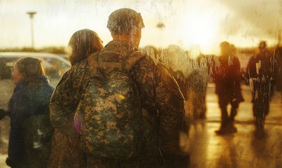 Fototapeta premium Soldier in camo embraces woman, golden sunset.