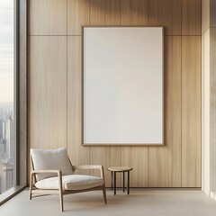 Bright Beige  Chair in Minimalist Wooden Room with Sunlight