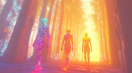 Naklejka premium Digital Humans Walking Through Abstract Portal