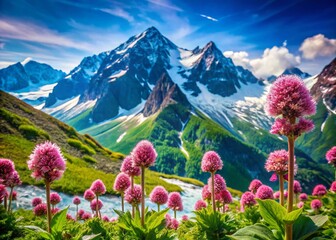 Fototapeta premium Spring Butterbur in the German Alps - Beautiful Double Exposure Photography of Pink Mountain Flowers