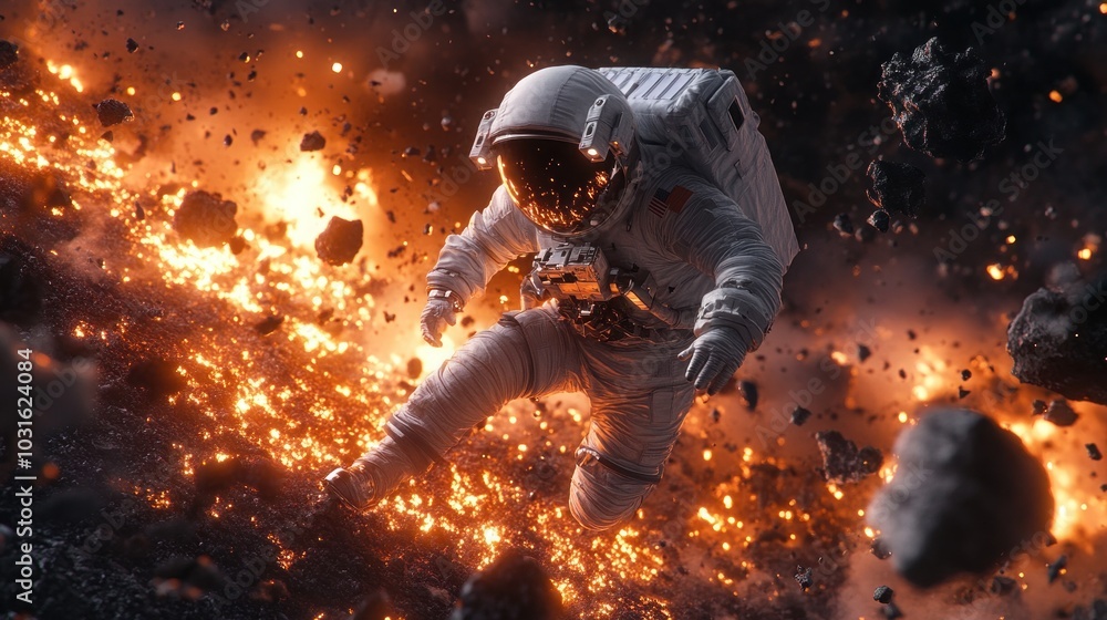 Poster An astronaut in a spacesuit floats through space, surrounded by flaming debris.