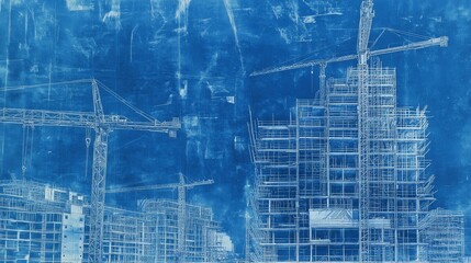 Detailed blueprint of a modern skyscraper under construction, with cranes in the background.