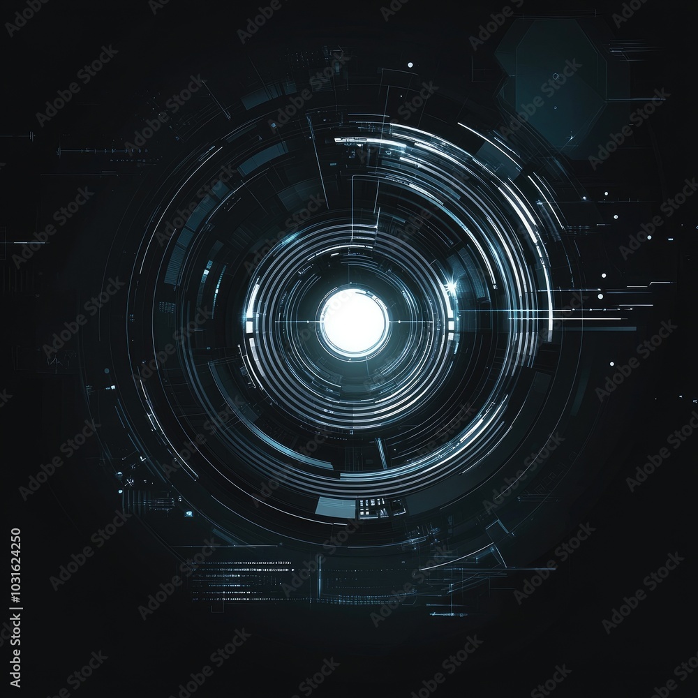 Poster a futuristic digital abstract design featuring circular patterns and glowing elements in a dark envi