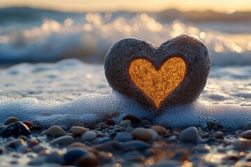 Fototapeta premium Stone on the beach: A heart formed by hands against the background of waves crashing on the shore.