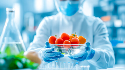 A researcher wearing a lab coat and gloves holds a bowl of fresh tomatoes. The setting features advanced laboratory equipment illuminated by soft blue light