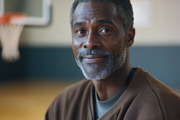 portrait of happy african basketball coach in big basketball gym