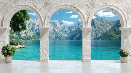 Mediterranean View Through Stone Archways    Luxury Villa  Mountains  Sea  Landscape