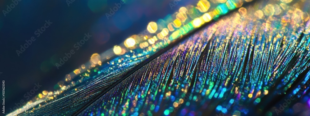 Poster close-up of a colorful iridescent feather with bokeh background.