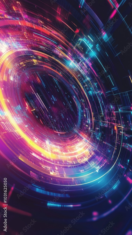 Poster vibrant abstract circular light pattern on dark background