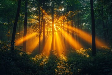 Naklejka premium Sunlight streaming through a forest canopy, with golden rays filtering through the leaves and casting gentle shadows below.