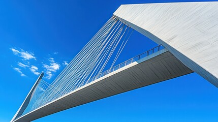 Low angle view of a modern suspension bridge against a blue sky.