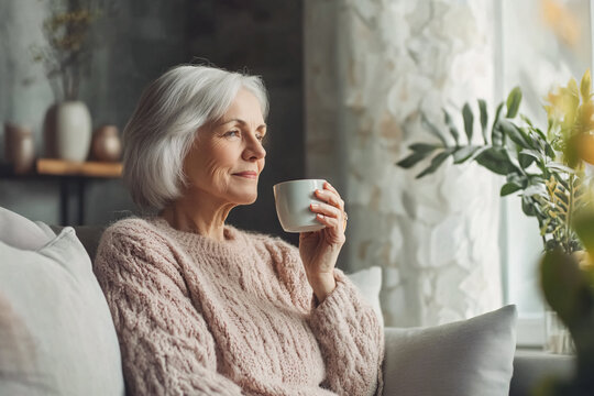 cute woman sitting on sofa and drinking tea at home