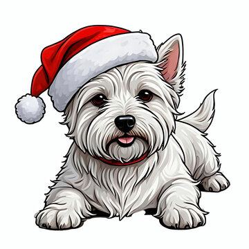 West highland white terrier dog lying down and wearing a santa hat, westie dog breed christmas xmas clip art design element