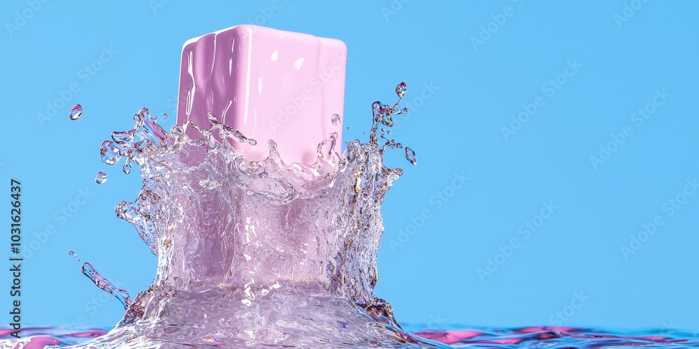 Poster pink cube splashing in water abstract 3d rendering