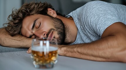 Man Asleep on Table with Beer Glass   Tired  Alcohol  Party  Relaxation