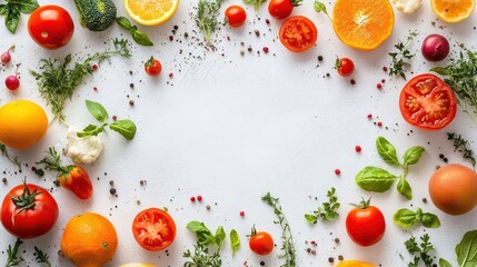Fresh vegetables and herbs arranged around a white background, creating a vibrant and inviting frame.