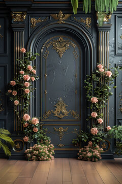 Elegant Black and Gold Doorway with Pink Roses. Background.