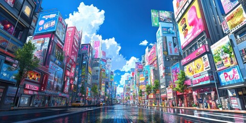 A vibrant city street lined with towering buildings and colorful billboards under a bright blue sky.