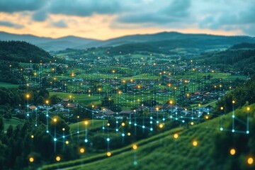 A rural landscape with glowing lines connecting the houses, symbolizing digital connection and communication.