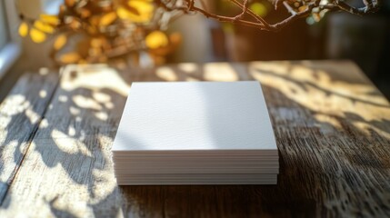 Stack of White Paper on Wooden Table with Branch and Light