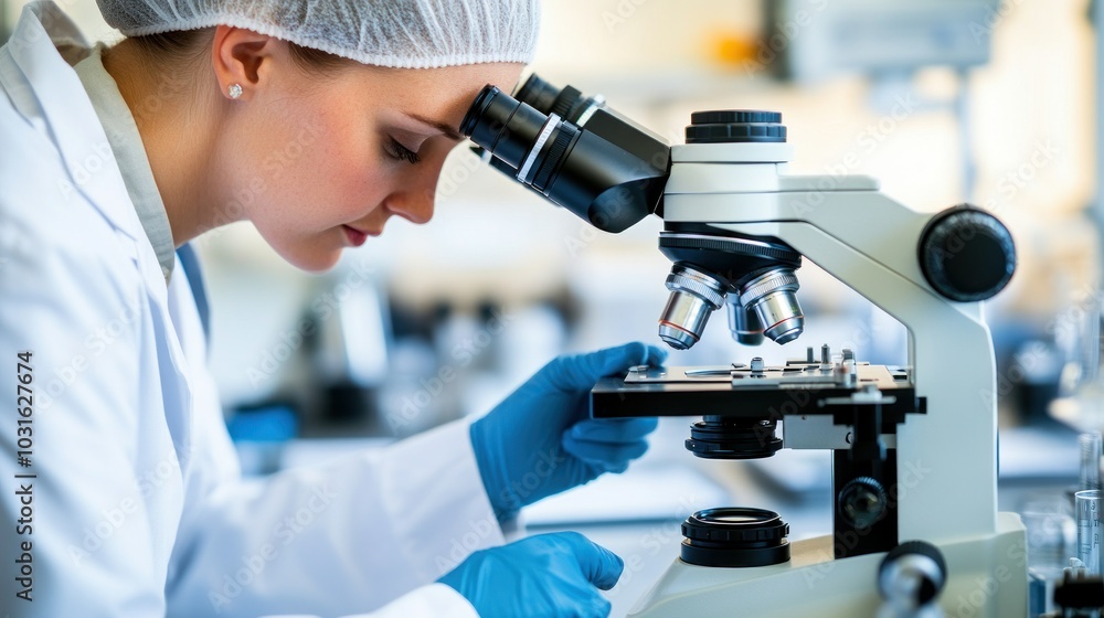 Poster Scientist Using a Microscope for Research in a Laboratory Setting