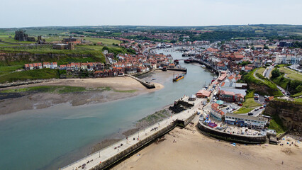 Fototapeta premium Aerial view of the lovely coast town Whitby in United Kingdom