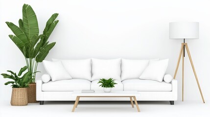 Minimalist Living Room Interior Design   White Sofa  Coffee Table  Floor Lamp and Plants