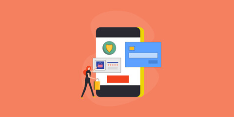 Woman with bag in hand, using credit card secure payment transaction mobile shopping ecommerce concept, vector illustration.