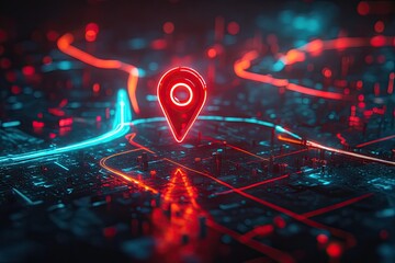 Digital map with glowing pin marker, futuristic urban landscape, dark background.