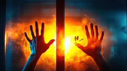 Eerie Halloween Scene: Scary Hands Reaching Through Foggy Window with Spooky Greeting Inscribed on Glass