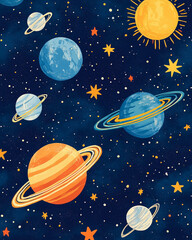 Colorful Space Pattern with Planets and Sun.
