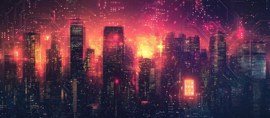 Fototapeta premium Futuristic cityscape with glowing neon lights and digital network patterns in the night.