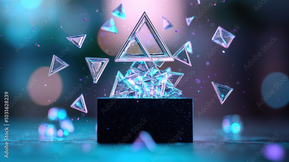 Aufkleber abstract 3d geometric shapes with neon glow and bokeh background