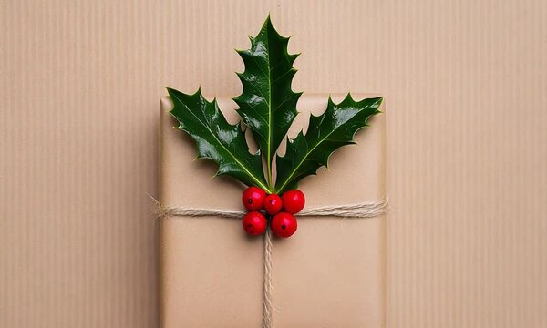 Wrapped Christmas gift box with fresh green holly leaves and red berries on a neutral beige background  Minimal simple and elegant holiday decor composition in a flat lay overhead studio shot 