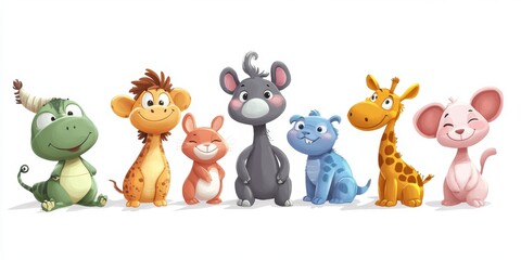 Naklejka premium Seven cartoon animals smiling, white background.
