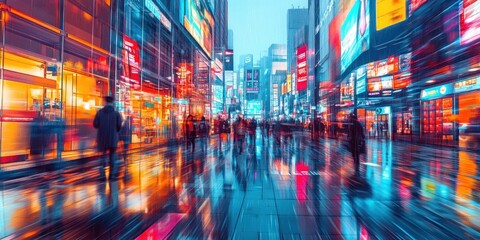 A bustling city street with people walking past brightly lit stores and shops. The city is alive with lights and the reflection of the light off the wet pavement creates a vibrant and dynamic scene.
