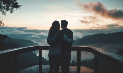 Fototapeta premium Silhouettes of couple embracing, overlooking mountains.