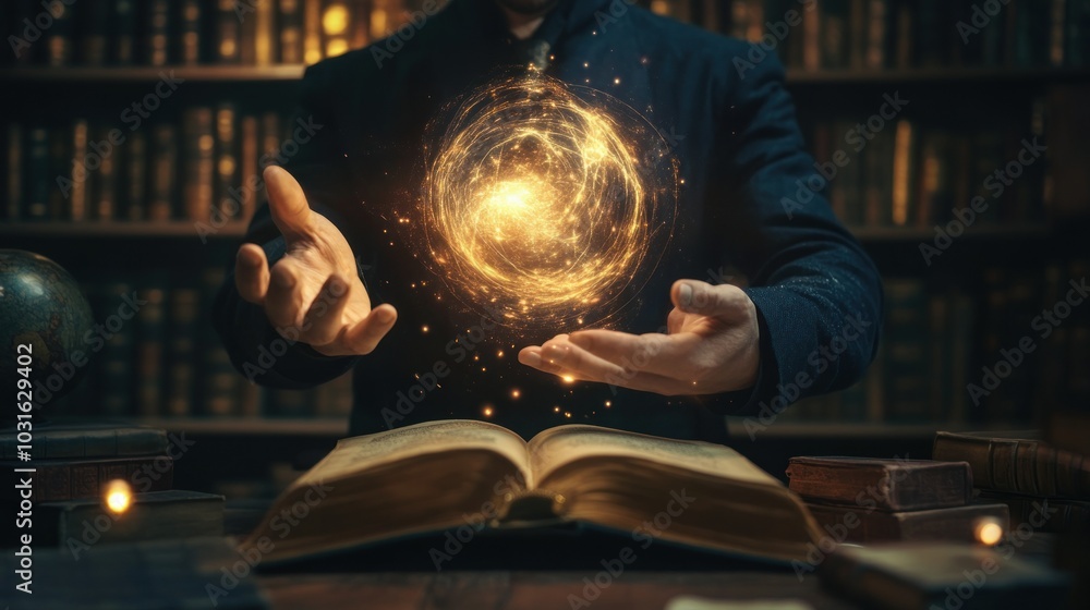 Poster a magician conjuring a glowing orb over an open book in a library