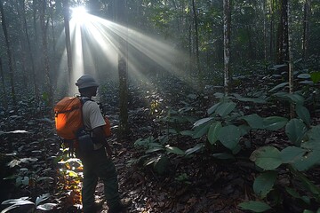 Exploring the Rainforest: Sunlight Filtering Through Lush Canopy, A Hiker Finds Tranquility and Wonder.