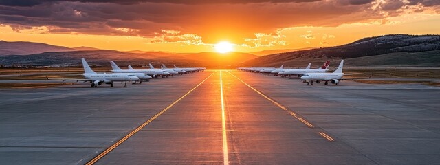 Fototapeta premium Airplanes lined up on a runway at sunset.